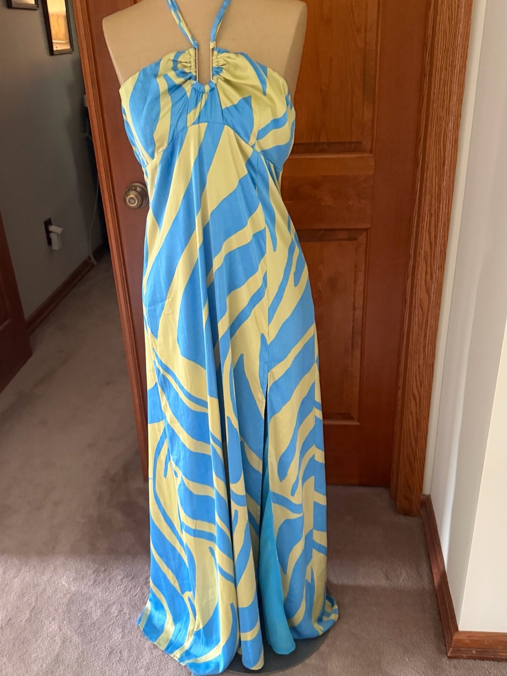 Dress Forum Halter Maxi in Blue and Yellow Abstract Stripe